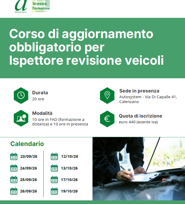 Corso di aggiornamento obbligatorio per Ispettore revisione veicoli