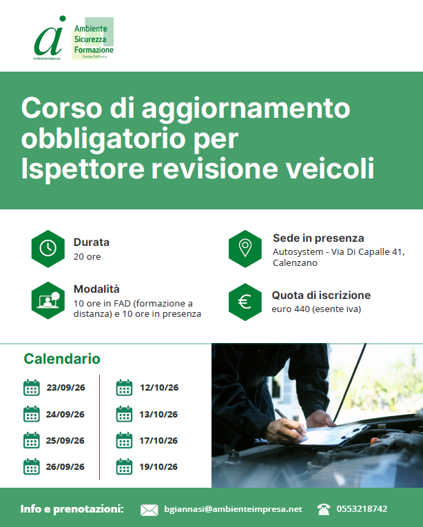 aggiornamento obbligatorio per Ispettore revisione veicoli
